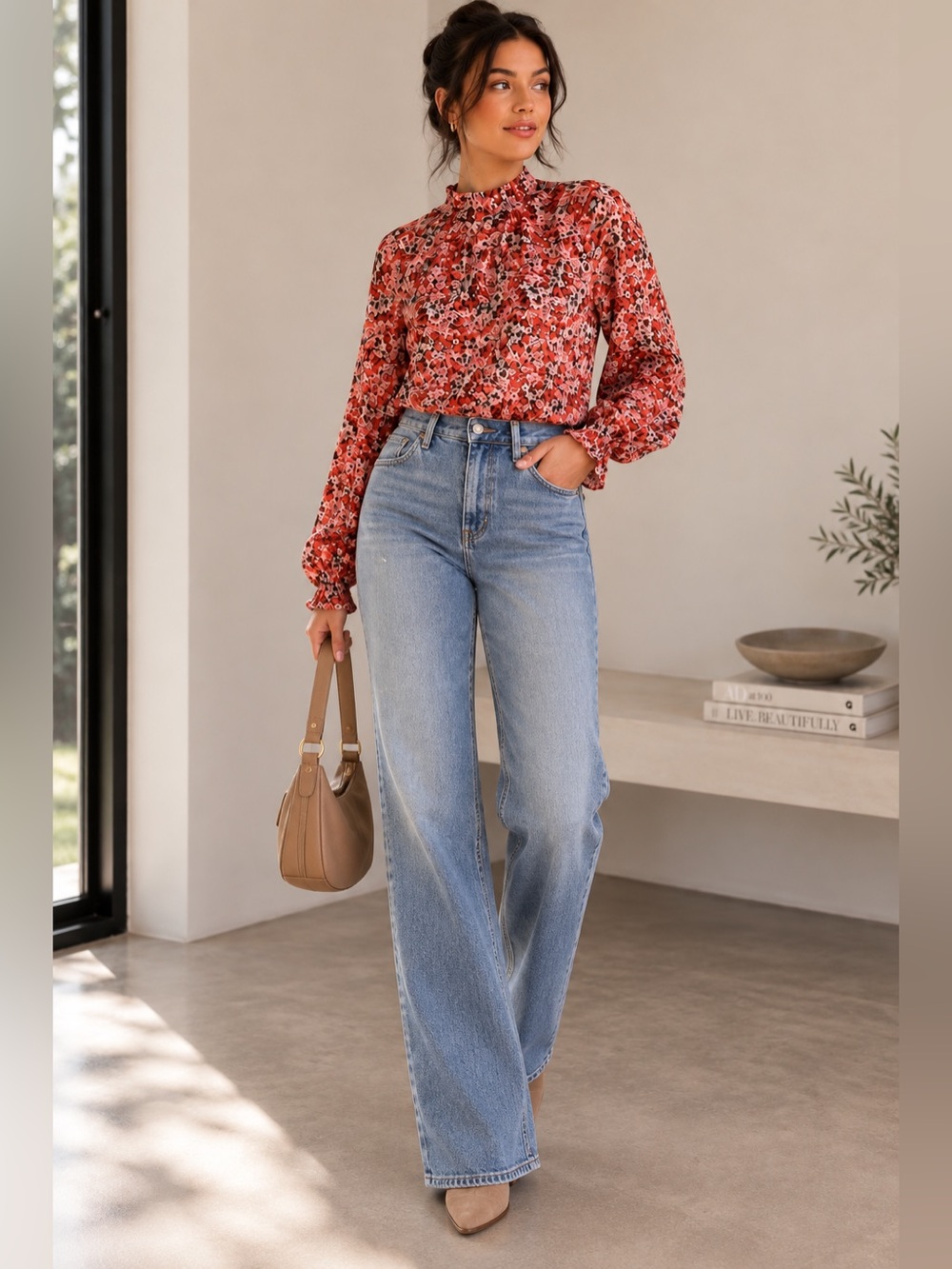 Free People All Dolled Up Red Floral Print Mesh Long Sleeve Crop Top